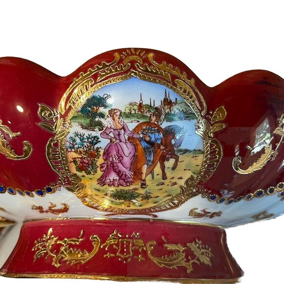 Vintage Sevres Style Porcelain Serving Bowl Hand Painted Scenes Gold Gilding Art - Picture 8 of 16